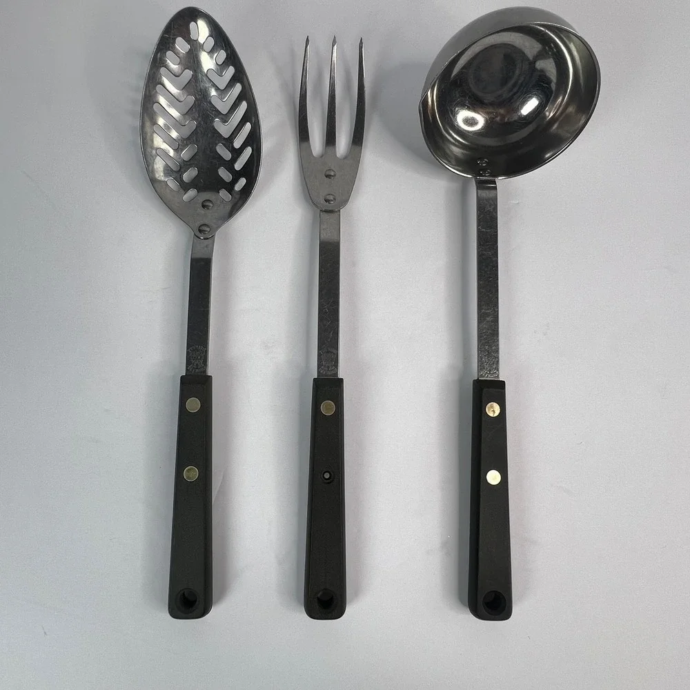 Vintage‎ Ekco Forge 3Pc Utensil Set Black Riveted Handles USA Ladle Fork Spoon